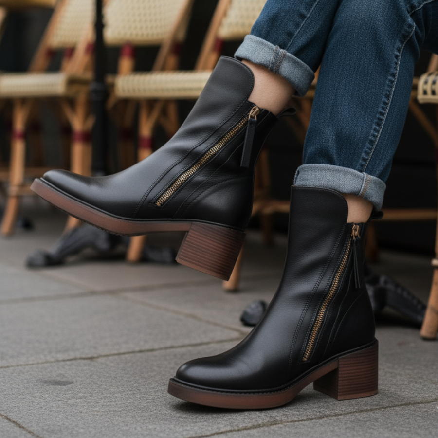 Séraphine | Botte en cuir noire avec un talon confortable, élégante et intemporelle