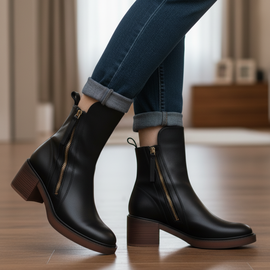 Séraphine | Botte en cuir noire avec un talon confortable, élégante et intemporelle