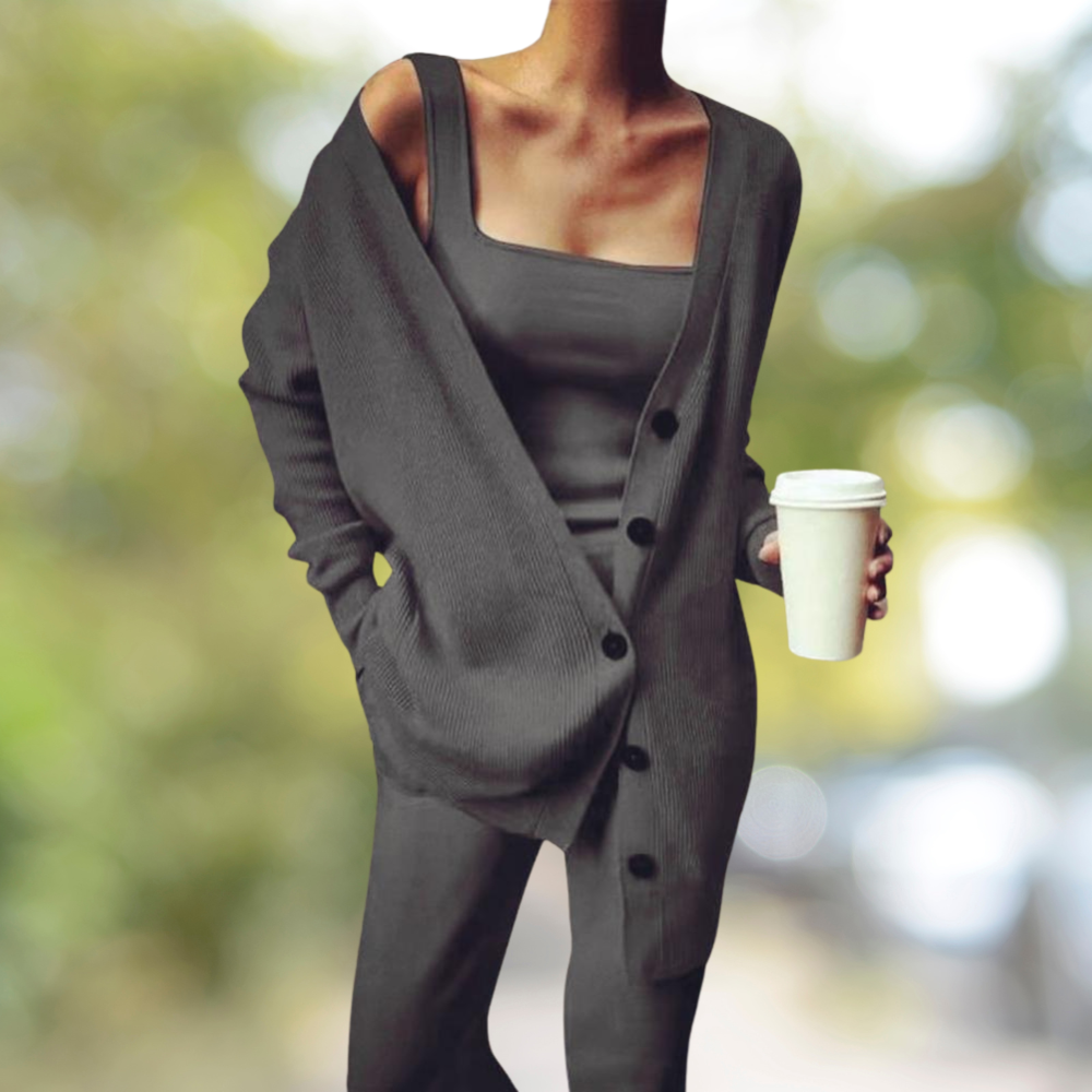 Séraphine™ | Milou - Ensemble tricoté pour femmes en 3 pièces : top, pantalon et gilet