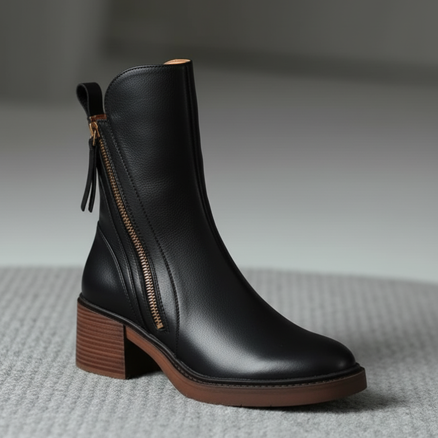Séraphine | Botte en cuir noire avec un talon confortable, élégante et intemporelle