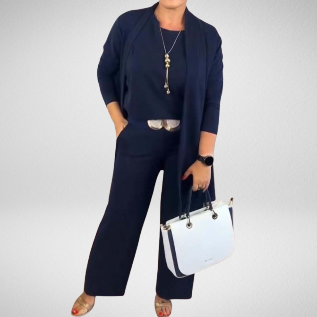 Séraphine™ | Iris | Ensemble 3 pièces élégant avec cardigan long, haut et pantalon