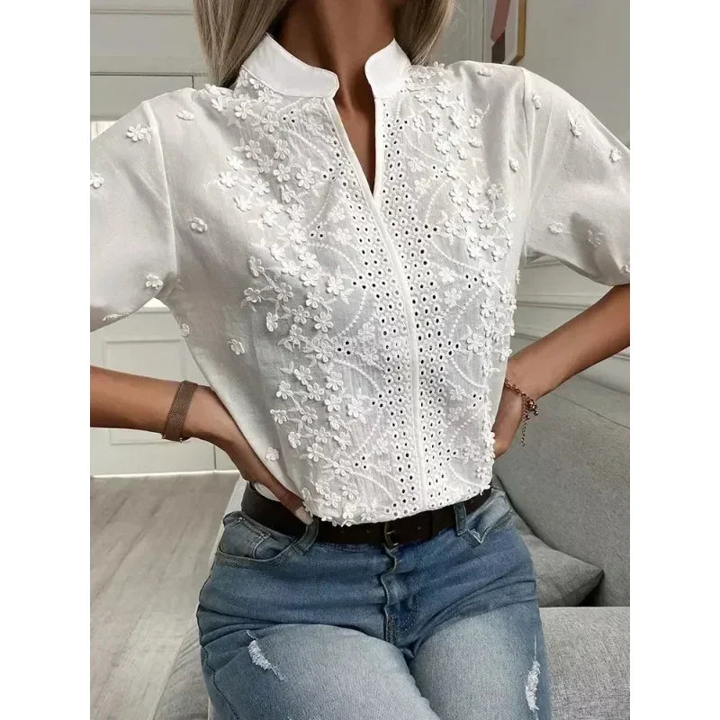 Séraphine™ | Amelune – Blouse Blanche d'Été avec Broderies et Décolleté en V
