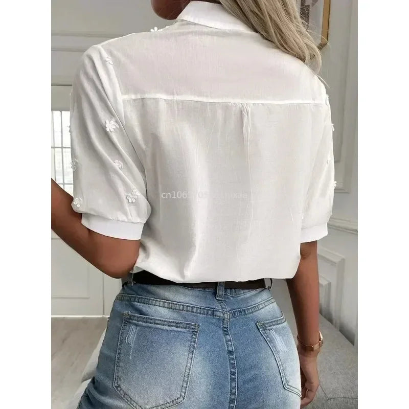 Séraphine™ | Amelune – Blouse Blanche d'Été avec Broderies et Décolleté en V