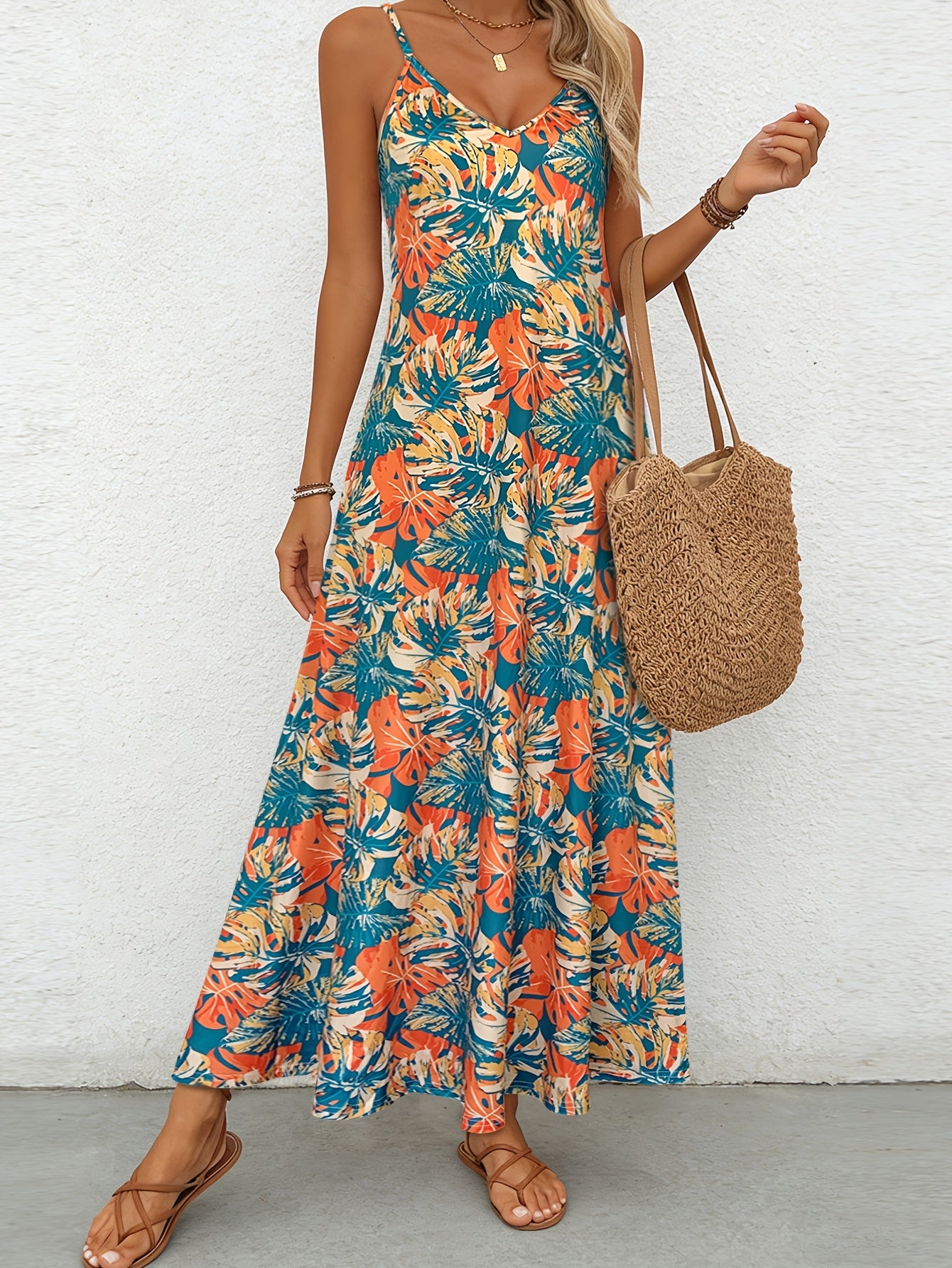 Feestelijke Directionele Lente- en Zomer Nieuwe Tropische Print Strand Casual Veelzijdige Dames Slip Jurk