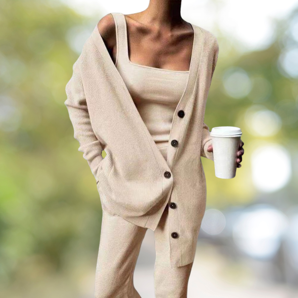Séraphine™ | Milou - Ensemble tricoté pour femmes en 3 pièces : top, pantalon et gilet