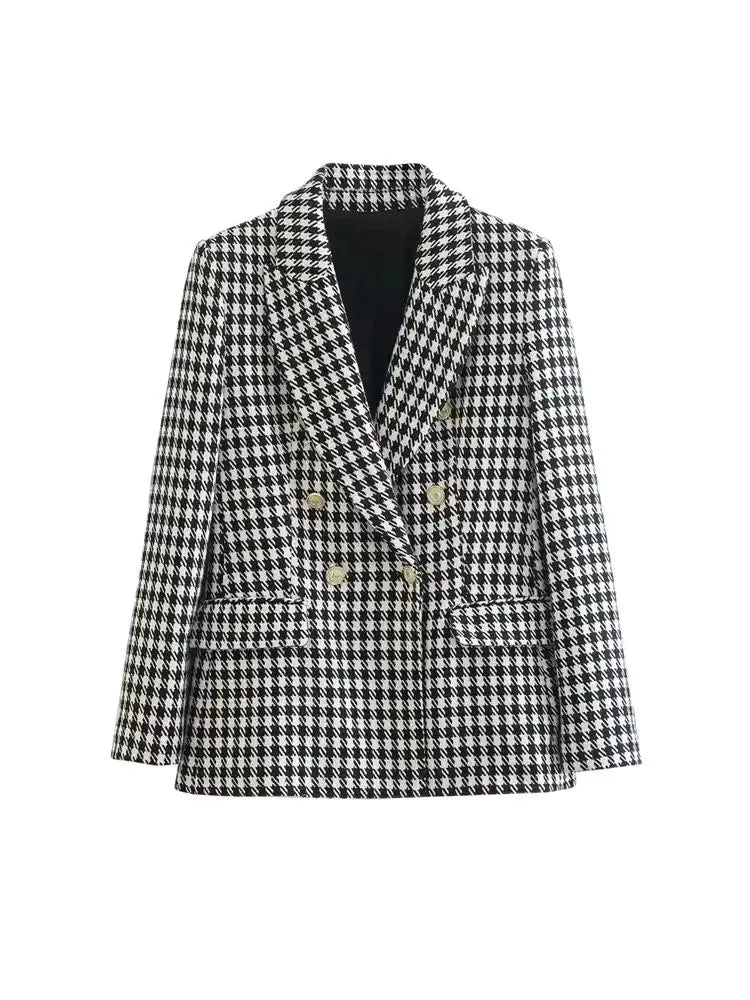 Séraphine™ | Blazer Femme Pied-de-Poule Vintage, Double Boutonnage, Élégant